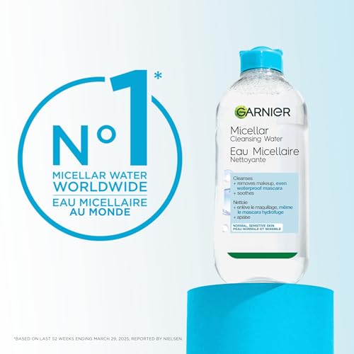 Garnier Micellar Water For Waterproof Makeup, Hydrating Facial Cleanser & Makeup Remover, Suitable for Sensitive Skin, Vegan, Cruelty Free, 13.5 Fl Oz (400mL), 1 Count
