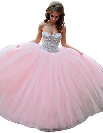 Meledy Women's Sweetheart Strapless Rhinestone Sweet 16 Ball Gown Sweep Train Quinceanera Dress Pink US6