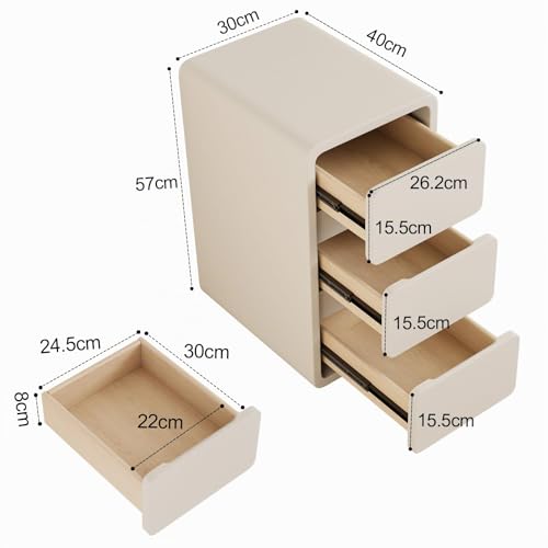 AQIMUELE Narrow Bedside Table, Wooden Bedside Table with 3 Drawers, 30W x 40D x 57H cm, without Installation, Leather Surface, Side Table for Bedroom, Living Room (White)