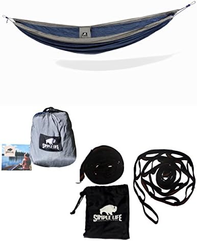 Simple Living Outdoors Single Hammock - Perfect for camping, backpacking, hiking and travel portable packable parachute/nylon material (Blue/gray)