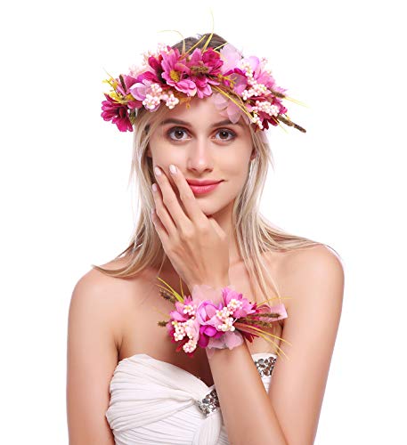 June Bloomy Flower Crown Hair Wreath Maternity Photo Shoot Garland Halo with Wrist Band (D-Purple)