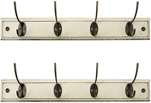 2 Pack Hawthorne Shabby Chic Wall Mounted 18” Antique White Wood Coat Rack Boards 4 Double House Hooks