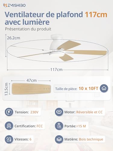 ZMISHIBO Ceiling Fan with Light Ø117cm, DC Motor Silent and Reversible, Adjustable LED Lighting 3000K-6000K, Fan Lamp with Remote/App, 6 Speeds for Bedroom and Living Room