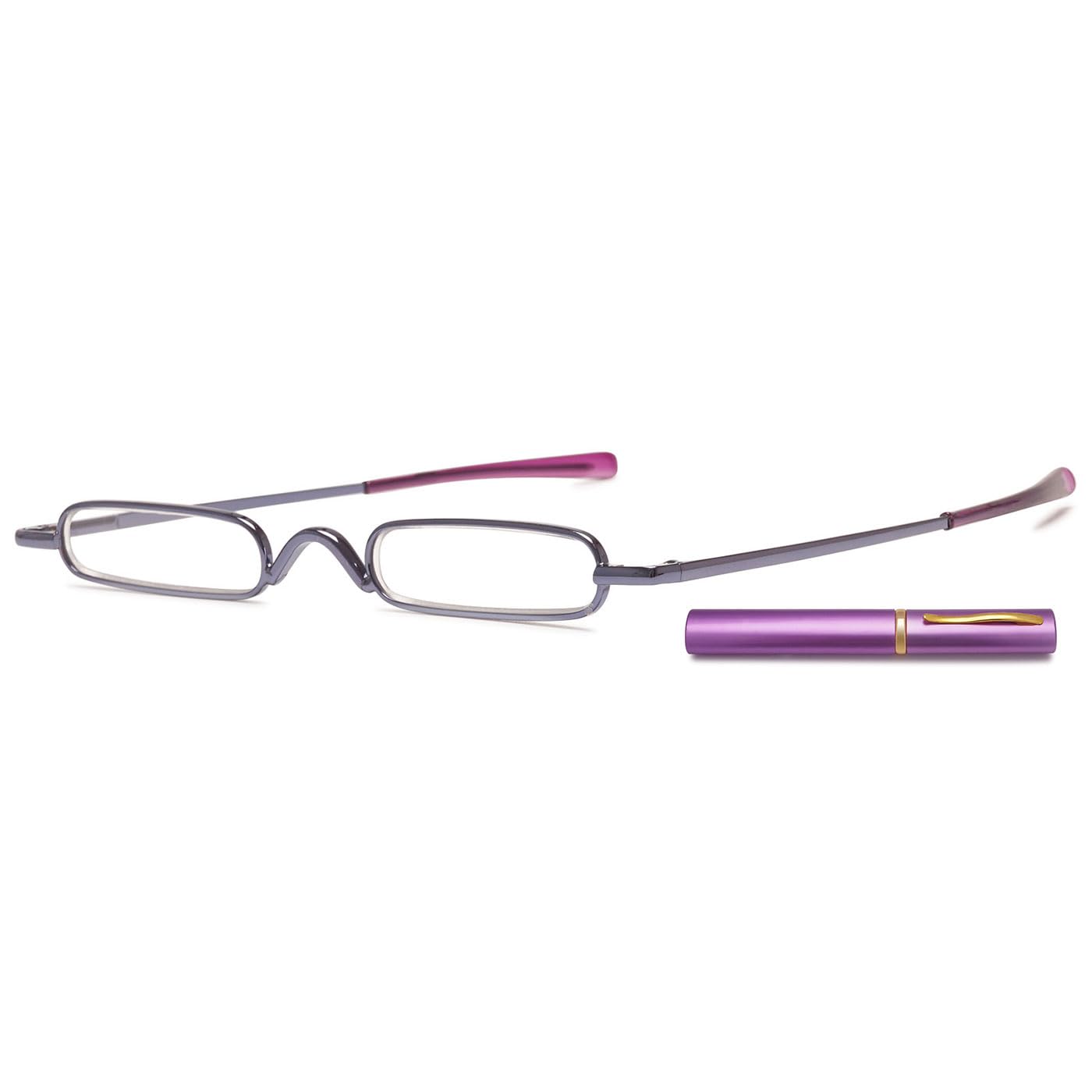 ABETOS Mini Compact Reading Glasses Slim Pen Reader Glasses with Portable Clip Case Metal Frame Spring Hinges Fashion Pocket Readers for Men Women, Purple 1.25