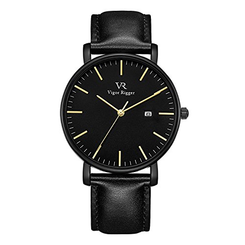 Vigor Rigger Men's Quartz Watches with Genuine Black Leather Watch Band, Minimalist Analog Date Display Wrist Watch, 30M Waterproof Watch with Metal case-6.