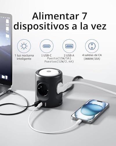 Cube Power Strip Sockets with LED Night Lights 3 Lighting Modes, 4 AC Outlets with 3 USB, 16 A Extension Socket 2M, Thief Sockets with Switch for Home Office Multiple Plug