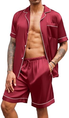 Ekouaer Mens Satin Pajamas Set Button-Down Short Sleeve Shirt Top