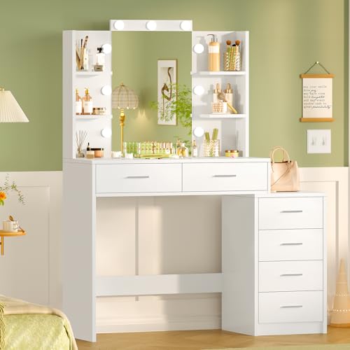TEENFON Vanity Desk with 6 Drawers, 6 Open Shelves, Makeup Vanity with Mirror and Lights, Dressing Table with 3 Lighting Color Adjustable, Bedroom, White