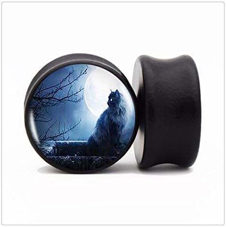 Black Wood Night Cat And Full Moon Ear Gauge Plugs And Tunnel 6mm-20mm Ear Stretcher Expander Saddle Fit Plug Piercing (1 pair (10 mm))