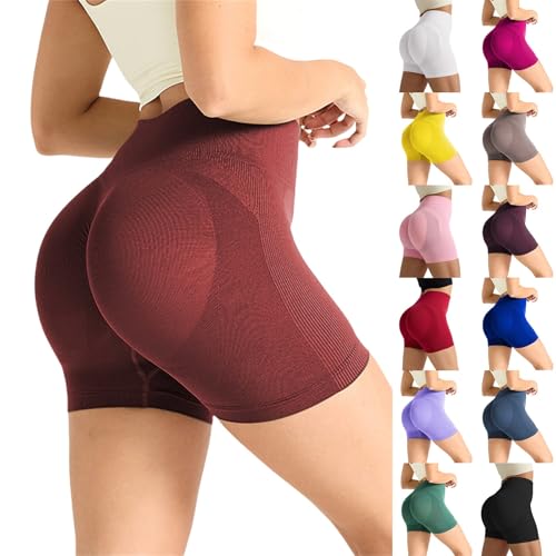 Ribbed Knit Yoga Shorts Womens Ladies High Waisted Seamless Hip Lifting Workout Athletic Shorts Super Soft Comfort Power Skinny Stretch Compression Sport Tights Watermelon Red