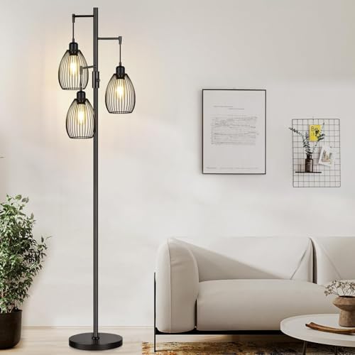WAMBORY Dimmable Floor Lamp, 3 x 6W LED Bulbs Included, Farmhouse Industrial Floor Lamp with Rotary Switch, Vintage Tree Lamp with Elegant Teardrop Cage, Tall Standing Lamps for Living Room Bedroom