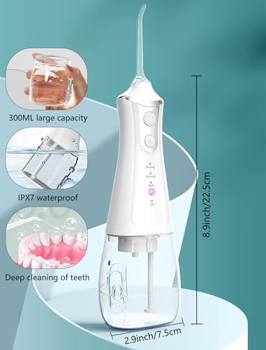 Water Flossers for Teeth, Portable Dental Water Floss for Tooth Cleaning, Cordless Oral Irrigator with 5 Tips & Jet Storage Case, Rechargeable 300mL Flosser for Travel, IPX7 خيط مائي للأسنان