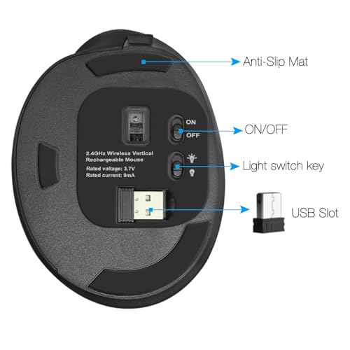 Wireless Mouse Ergonomic Vertical Mouse for Large Hands Rechargeable Big Quiet Silent Ergo Blue LED Light 3600DPI Carpal Tunnel Comfortable Cordless Mice for PC Laptop Computer Macbook Office Gift