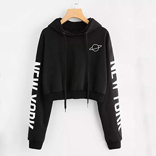 FEITONG Womens Autumn Long Sleeve Hoodie Sweatshirt Letters Hooded Pullover Tops Blouse(Large,Black)