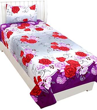 Amayra Home 144 TC Microfibre Single 3D Luxury Bedsheet with 1 Pillow Cover - Floral, White & Red