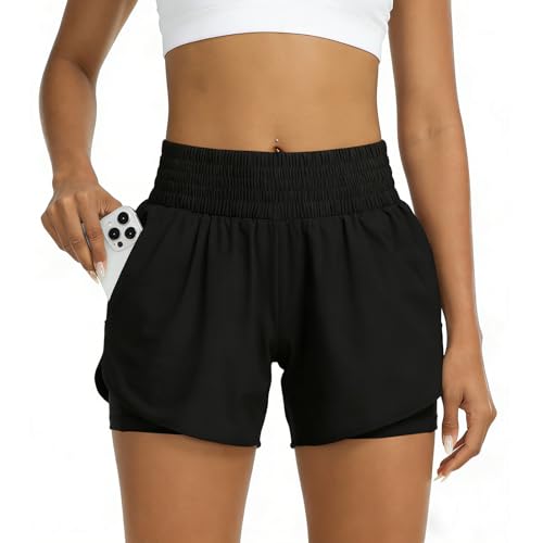 GOZINA Womens 2-in-1 Running Shorts with Phone Pocket, Lightweight Gym Yoga Ladies Sports Shorts for Running, Hiking & Training