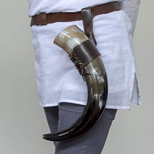 Norse Tradesman 18" Authentic Ox-Horn Viking Drinking Horn w/Genuine Leather Belt Holster | Burlap Gift Sack Included |"The Journeyman", Polished, 18-Inch