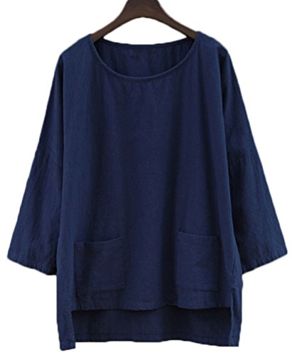 Soojun Women's Essential Casual Loose Solid Cotton Linen Tops Blouses 1 Navy