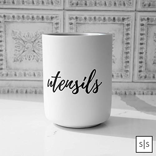 Cement, White Utensil Holder, Cooking Utensil Holder for Kitchen - Modern Farmhouse Canisters