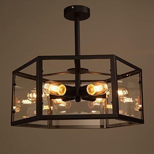 EdiMoM Brand; Vintage Style Hexagonal Semi-Flush Mount, 6 Lights, Metal and Acrylic, Black