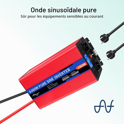 ETREPOW 6000 W 24 V 220 V/230 V Pure Sine Inverters Transformer - 2 EU AC Power Socket, 1 USB Port, Wireless Remote Control and LCD Screen, for Trucks, Camping, Travel