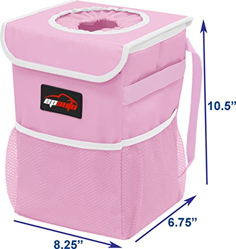 EPAuto Waterproof Car Trash Can with Lid and Storage Pockets, Pink