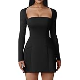 XXTAXN Women's Sexy Fashion Square Neck Long Sleeve Work Party A Line Mini Dress with Pocket