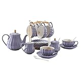 YoungQI Porcelain Tea Coffee Sets with Teapot Sugar Bowl Cream Pitcher Teaspoons and tea strainer for Tea/Coffee, Cups& Saucer Service for 6(Purple)