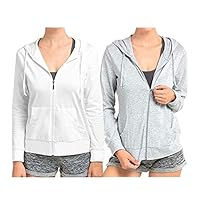 Sofra Womens Thin Cotton Zip Up Hoodie Jacket 2 Pack - Heather Gray, White Large