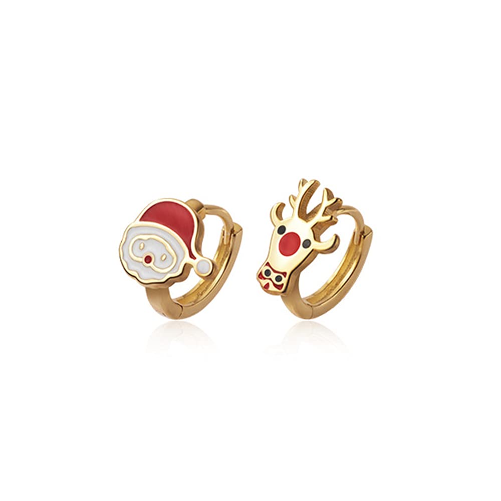 Santa Claus and Reindeer Small Sleeper Hoop Earrings Fashion Elk Deer Enamel 11mm Round Huggie Hoops Cartilage Earring Holiday Xmas Christmas Jewelry Gifts for Women Teen Girls Sensitive Ears (Gold)