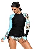 Shawhuwa Womens Long Sleeve Vibrant Print Rash Guard Swim Shirt Tankini Swimsuit M Blue