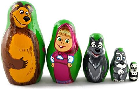 Matryoshka Masha and Bear Nesting Dolls Russia TV Movies, Gifts For Family With Kids Home Decorative Items Handcrafted Wooden Toys, set 5pc