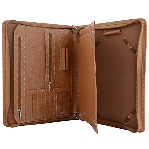 Brown Leather Portfolio with Notepad Space for 9.7-inch iPad, Padfolio Case Business Zippered Organizer Document Folder with Letter Size Notepad Holder - Thumbnail 3