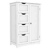 Yaheetech Wooden Bathroom Floor Cabinet, Side Storage Organizer Cabinet with 4 Drawers and 1 Cupboard, White