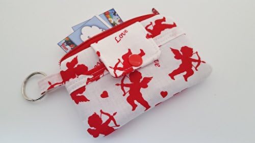 Zipper Mini Wallet Money Pouch Key Chain Fabric Card Holder Valentine Red Cupids Love Hearts