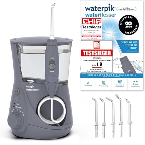 Waterpik Water Flosser Ultra Professional, Testsieger 2025, Precision Pulse Technology, TÜV Siegel, bis zu 99,9% Plaque Entfernung, 6x Aufsätze, 10 in