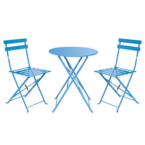 HollyHOME Outdoor Balcony Folding Steel Bistro Furniture Sets, Patio 3-Piece of Foldable Table a ...