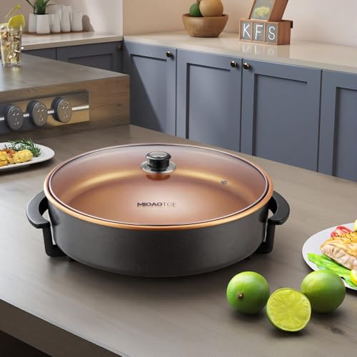 MIOAOTCE 16" Extra Large Electric Skillet with lid, Ceramic Nonstick Coating Electric Frying Pan, 1500W Quick & Even Heating, 5 Adjustable Temperature Control, Tempered Glass Lid & Cool-Touch Handles
