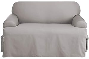 SureFit Cotton Duck Loveseat T-Cushion One Piece Slipcover, Furniture Cover, Relaxed Woven Fit, 100% Cotton, Machine Washable, Gray