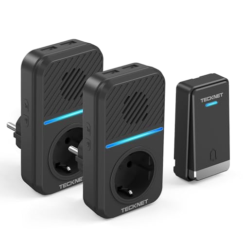 TECKNET Wireless Doorbell Kit, 400 m with 2 Receivers | 5 Levels Self-Powered Wireless Door Volume with 60 Melodies, IP65 Chime Kit with Tomas USB Externas y Luz LED