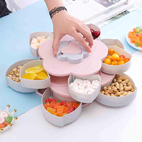 COM1950s Double-Layer Rotating Fruit Plate Petal Shape Dried Snack Storage Tray Home Living Room Candy Dish Dried Candy Food Storage Box Jewelry Organizer (Pink, A)