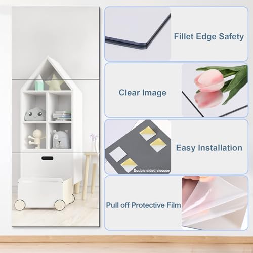 Augshy 4 Pack Self Adhesive Mirror 50x60cm Adhesive Mirror Tiles 2MM Thick Acrylic Stick On Wall Mirrors Sheets Removable Mirror Stickers for Home Decoration