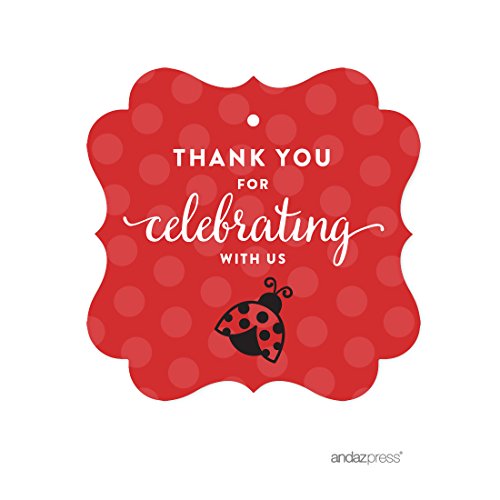 Andaz Press Birthday and Baby Shower Fancy Frame Gift Tags, Thank You for Celebrating with Us, Ladybug, 24-Pack, for Gifts and Party Favors