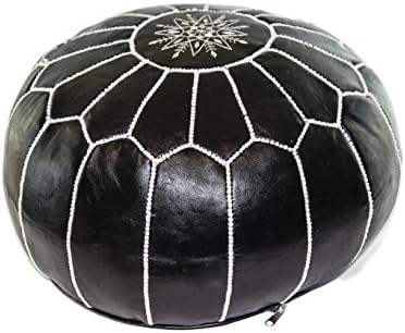 GRAN Stuffed Black Handmade Leather Moroccan Pouf Footstool Ottoman | Genuine Leather with Hand Embroidered White Stitching