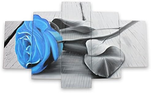 IARTS Wall Art Canvas Decor Oil Paintings Hand Painted, Contemperary Artwork for Home Wall Decorations, Blue Rose Gray Leaves, Stretched Set of 5 Panel, Ready to Hang