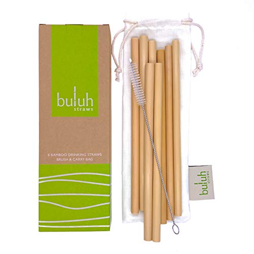 BULUH STRAWS - ORGANIC BAMBOO DRINKING STRAWS | REUSABLE | ECO FRIENDLY | BPA-FREE BIODEGRADABLE NATURAL ALTERNATIVE TO PLASTIC, GLASS AND STAINLESS STEEL | SET OF 8, CLEANING BRUSH AND CUSTOM BAG