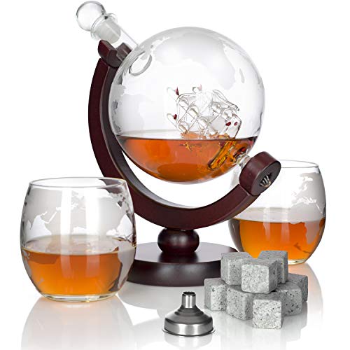 Atterstone Whiskey Decanter Globe Set 2 Etched Globe Whiskey Glasses
