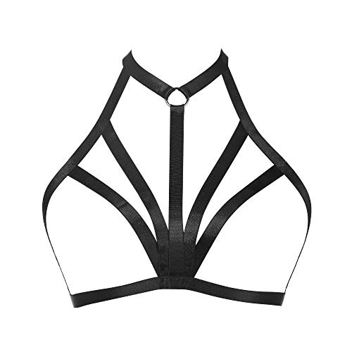 Jelinda Harness Bra Women - Fashion Elastic Strappy Halter Harness Bralette Bra Garter Cupless Body Cage Bra Black (F Y121-K)