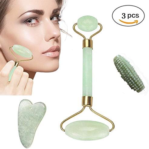 Uhruolo Jade Roller and Gua Sha Scraping Massage Facial Tools Set,Jade Roller for Face Green,Anti-Aging Massage Facial Roller,Rejuvenates Face and Neck Skin,Lymphatic Drainage Massage Massage Stones