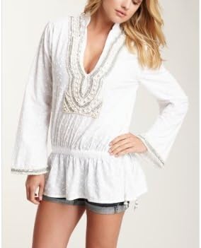 Monique Leshman Handmade Embellished (MEDIUM) Cotton Eyelit w Faux Pearl Beach Cover Up Bohemian Bell Sleeve Camilla, DVF, Mara Hoffman, TAJ